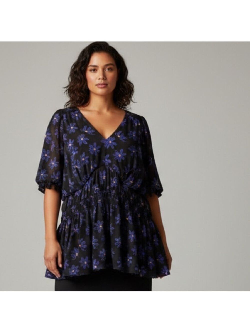 Ava & Viv 3X Black blue yellow Floral Smocked Peplum Top